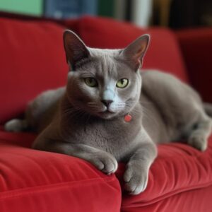 赤いソファの上の猫